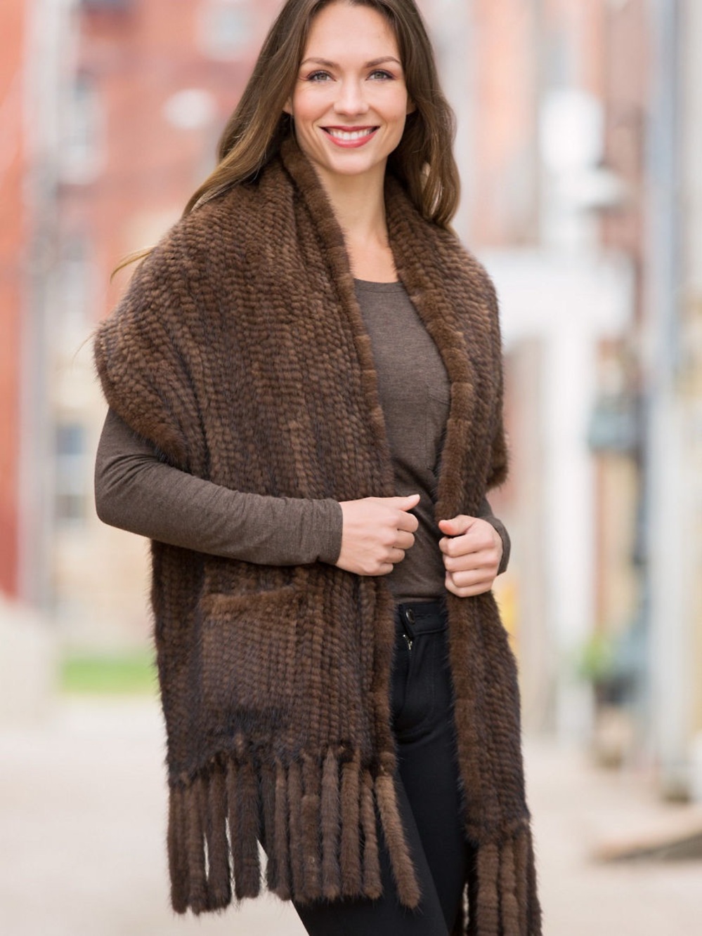 Luxurious Plush Genuine Mink Fur Knit Scarf - Dark Brown